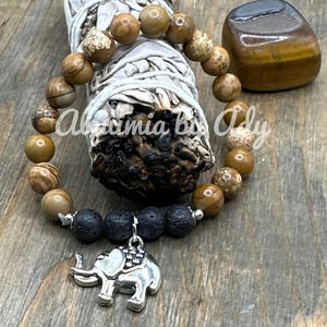Picture Jasper Lava rock silver elephant charm beaded bracelet